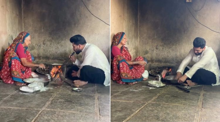 Bigg Boss Marathi fame Shiv Thakare sitting on the floor and helping an old woman to make food video viral on social media