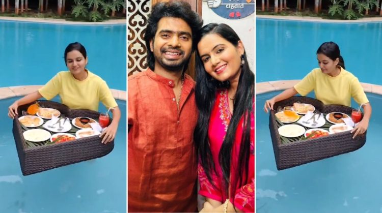 Marathi Actor Prathamesh Parab wife Kshitija Ghosalkar shared a funny video of herself falling glass of juice in a swimming pool